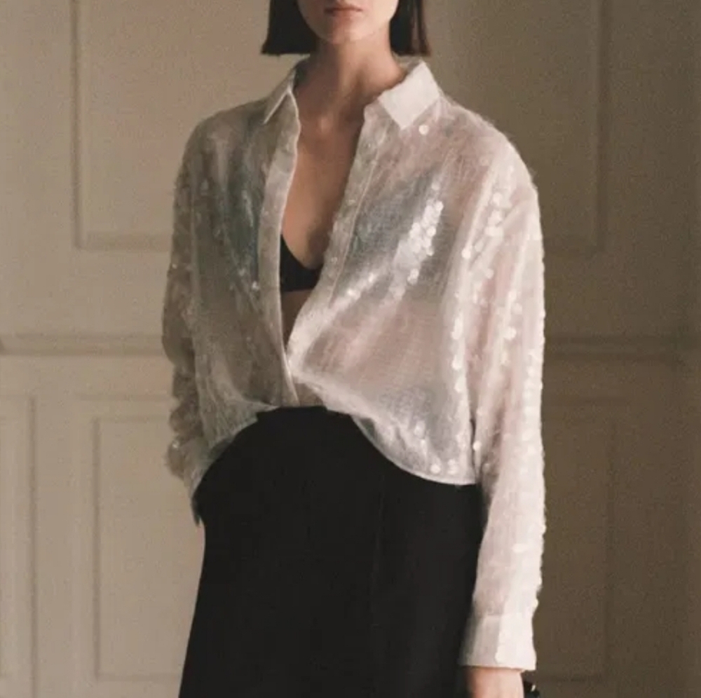 Button-Up Sequin White Semi-Sheer Blouse MANGO